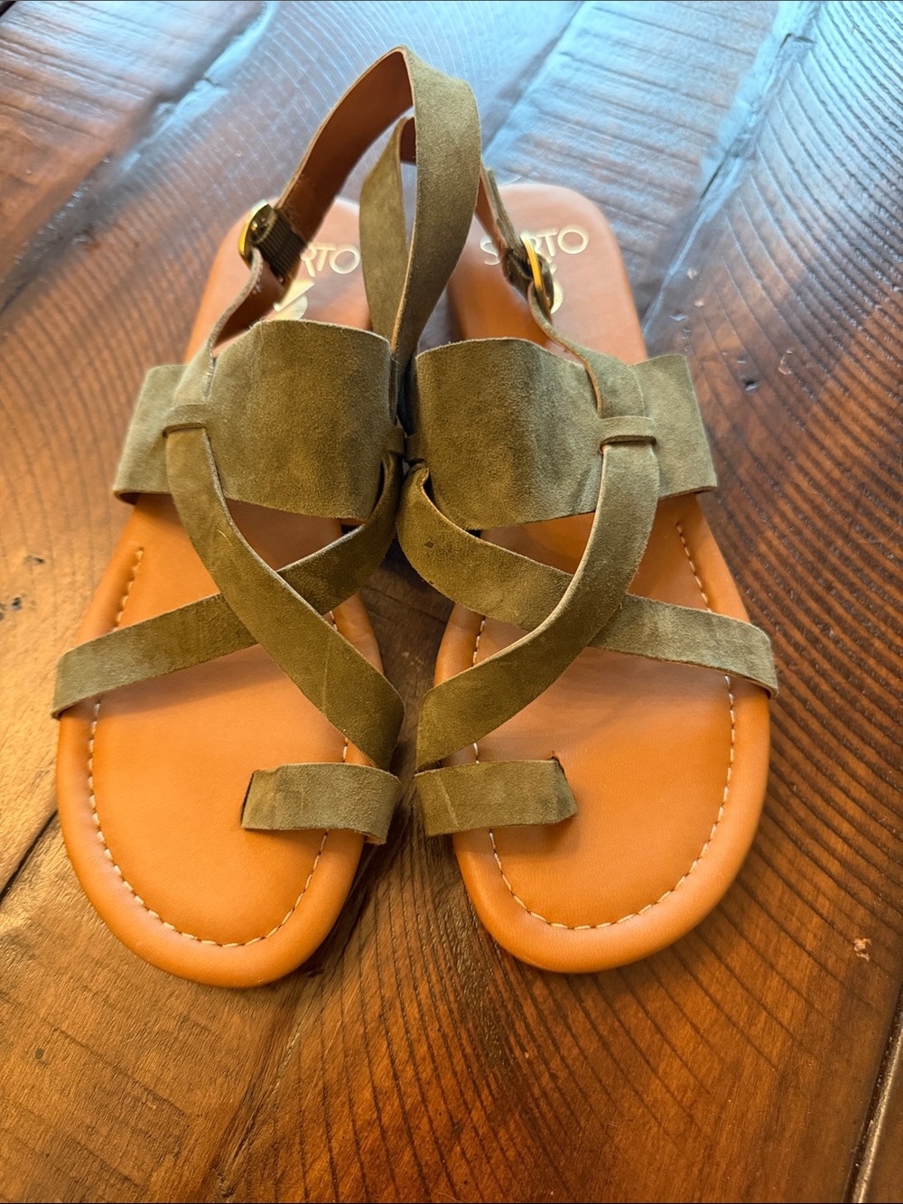 Franco Sarto Olive Green Suede Strappy Flat Sandals